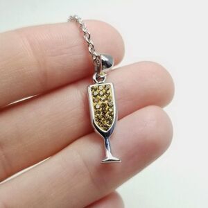 Vintage Glass of Champagne Pendant Charm Necklace, Rhinestone Bubbly,